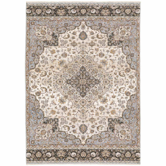 6' X 9' Ivory And Blue Oriental Power Loom Stain Resistant Area Rug With Fringe - Homeroots - Flyclothing LLC
