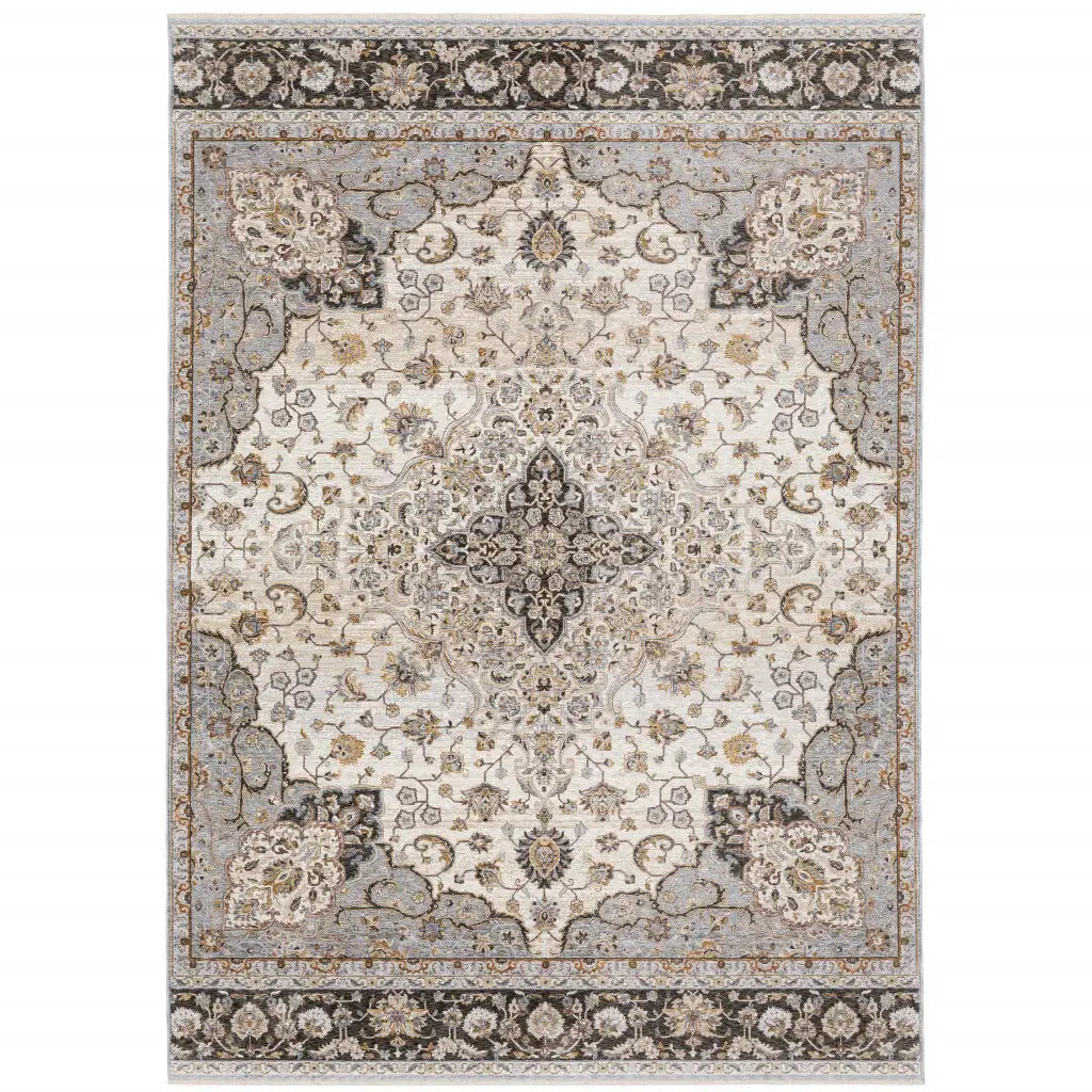 8' X 11' Ivory And Blue Oriental Power Loom Stain Resistant Area Rug With Fringe - Homeroots - Flyclothing LLC