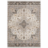 8' X 11' Ivory And Blue Oriental Power Loom Stain Resistant Area Rug With Fringe - Homeroots - Flyclothing LLC