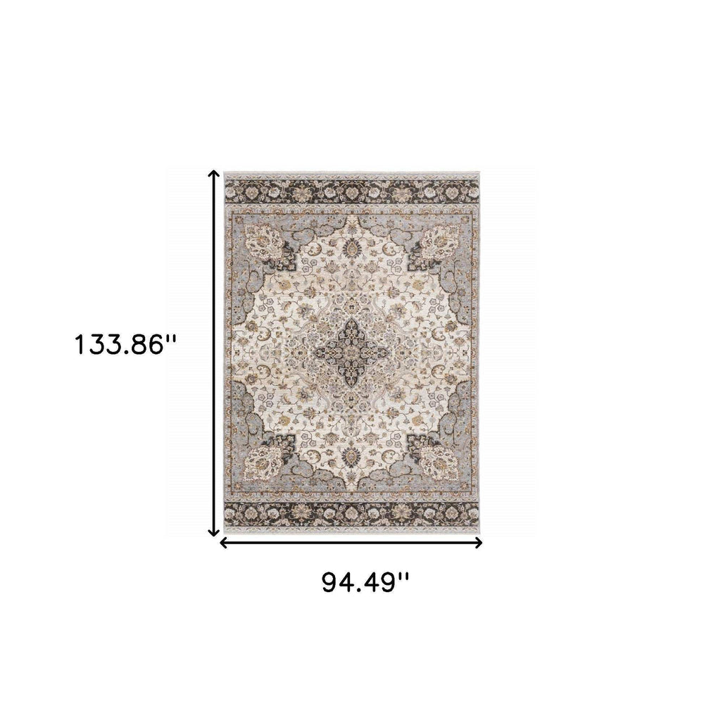 8' X 11' Ivory And Blue Oriental Power Loom Stain Resistant Area Rug With Fringe - Homeroots - Flyclothing LLC