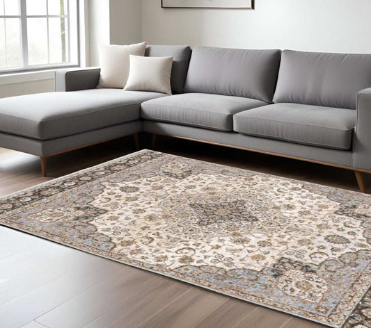 8' X 11' Ivory And Blue Oriental Power Loom Stain Resistant Area Rug With Fringe - Homeroots - Flyclothing LLC