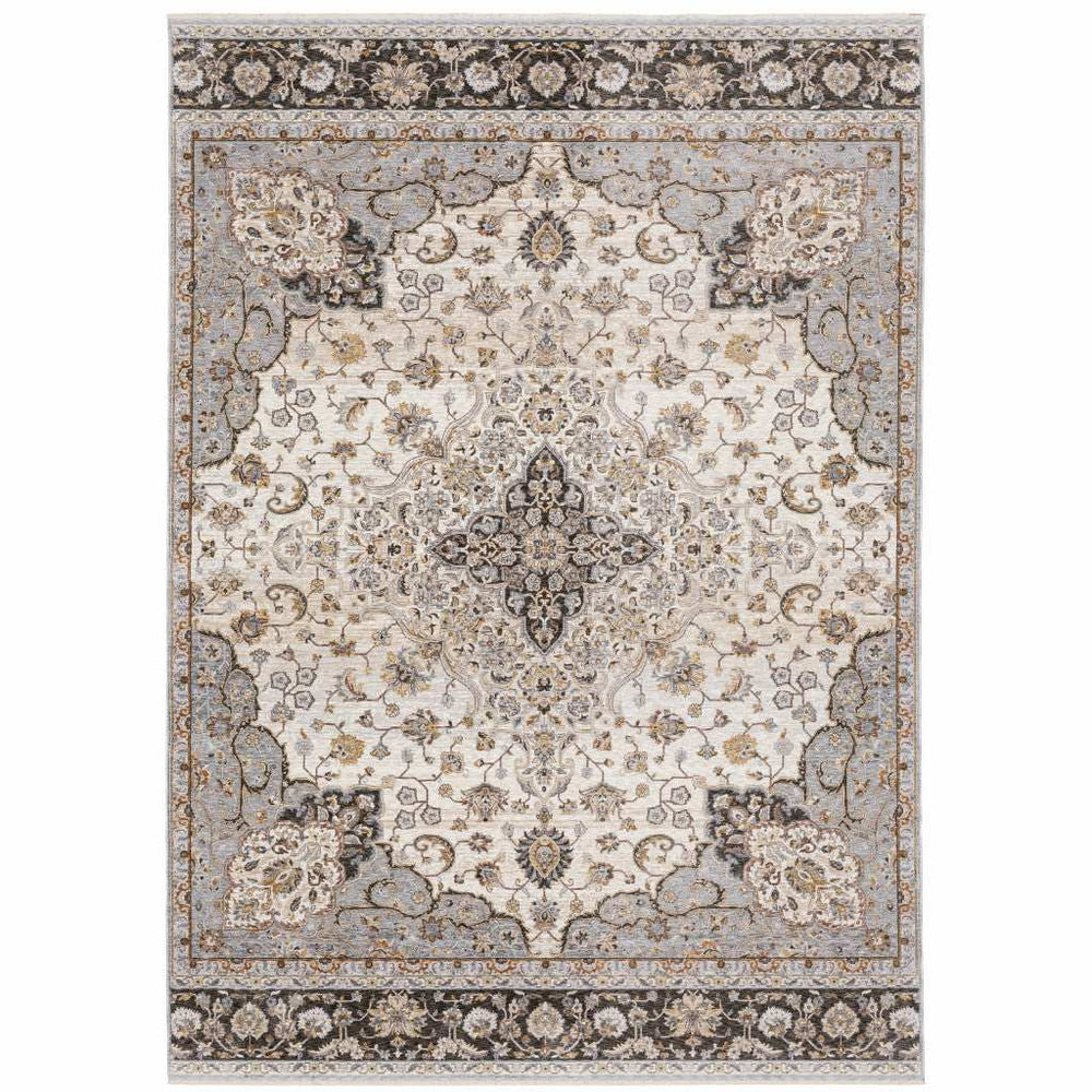 8' X 11' Ivory And Blue Oriental Power Loom Stain Resistant Area Rug With Fringe - Homeroots - Flyclothing LLC