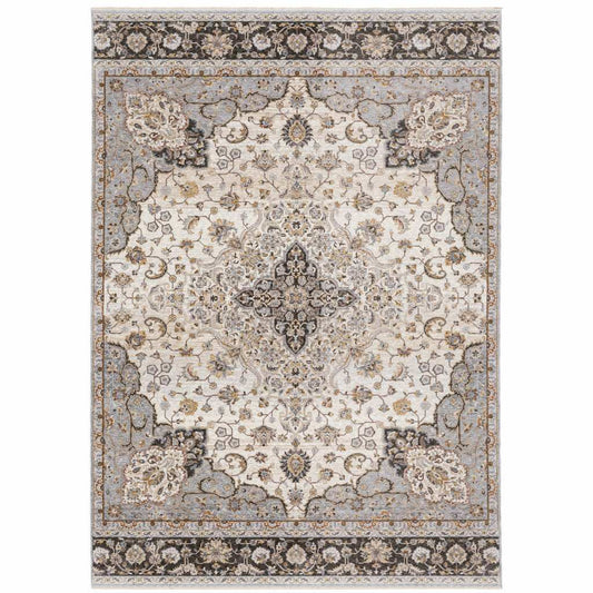 8' X 11' Ivory And Blue Oriental Power Loom Stain Resistant Area Rug With Fringe - Homeroots - Flyclothing LLC