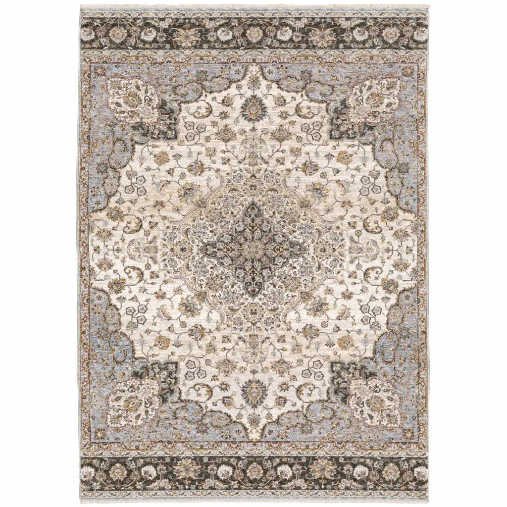 10' X 13' Ivory And Blue Oriental Power Loom Stain Resistant Area Rug With Fringe - Homeroots - Flyclothing LLC