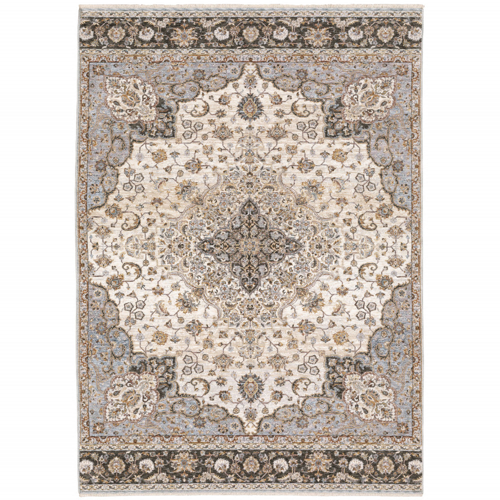 10' X 13' Ivory And Blue Oriental Power Loom Stain Resistant Area Rug With Fringe - Homeroots