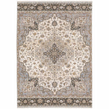 10' X 13' Ivory And Blue Oriental Power Loom Stain Resistant Area Rug With Fringe - Homeroots