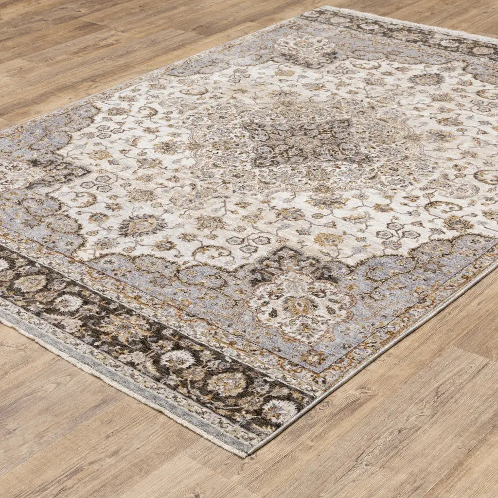 10' X 13' Ivory And Blue Oriental Power Loom Stain Resistant Area Rug With Fringe - Homeroots - Flyclothing LLC