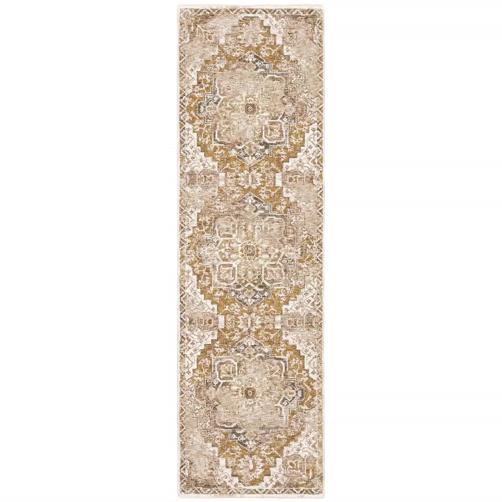2' X 8' Gold And Ivory Oriental Power Loom Stain Resistant Runner Rug With Fringe - Homeroots - Flyclothing LLC