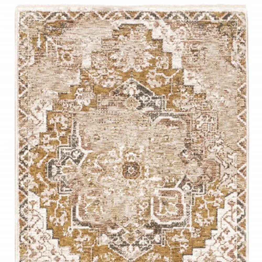 2' X 8' Gold And Ivory Oriental Power Loom Stain Resistant Runner Rug With Fringe - Homeroots - Flyclothing LLC