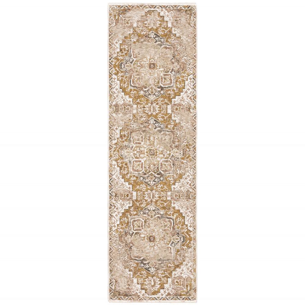 2' X 8' Gold And Ivory Oriental Power Loom Stain Resistant Runner Rug With Fringe