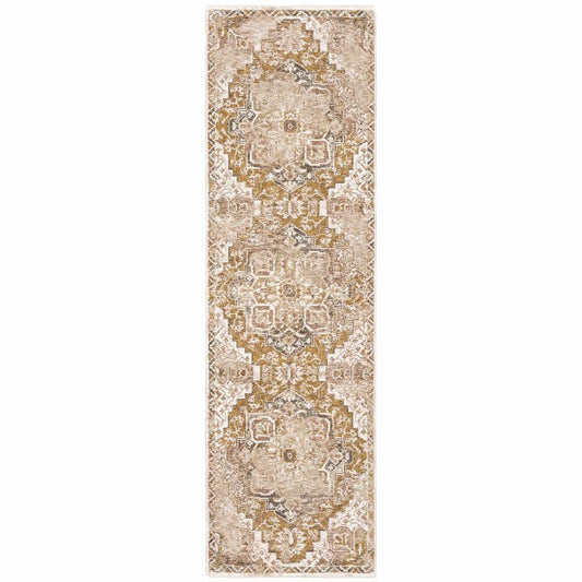2' X 8' Gold And Ivory Oriental Power Loom Stain Resistant Runner Rug With Fringe - Homeroots - Flyclothing LLC