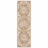 2' X 8' Gold And Ivory Oriental Power Loom Stain Resistant Runner Rug With Fringe