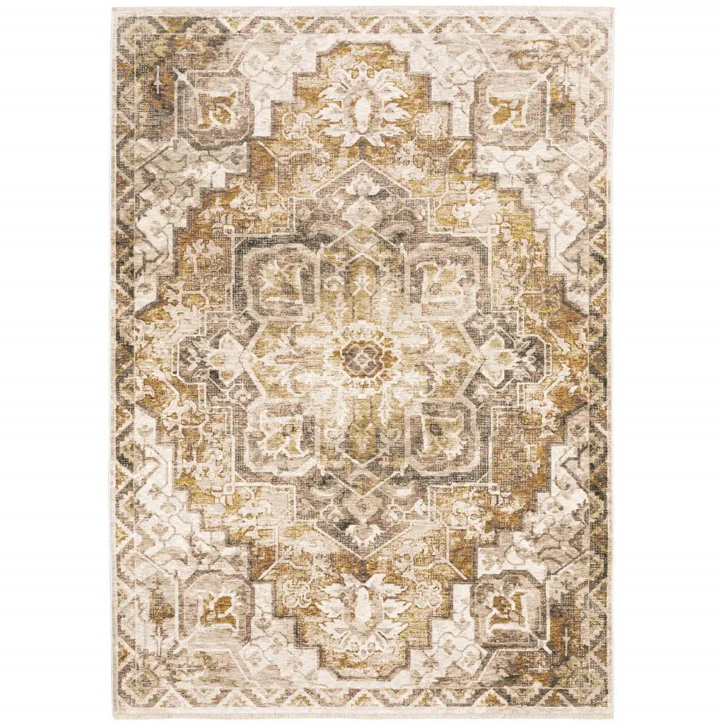 3' X 5' Gold And Ivory Oriental Power Loom Stain Resistant Area Rug With Fringe - Homeroots - Flyclothing LLC
