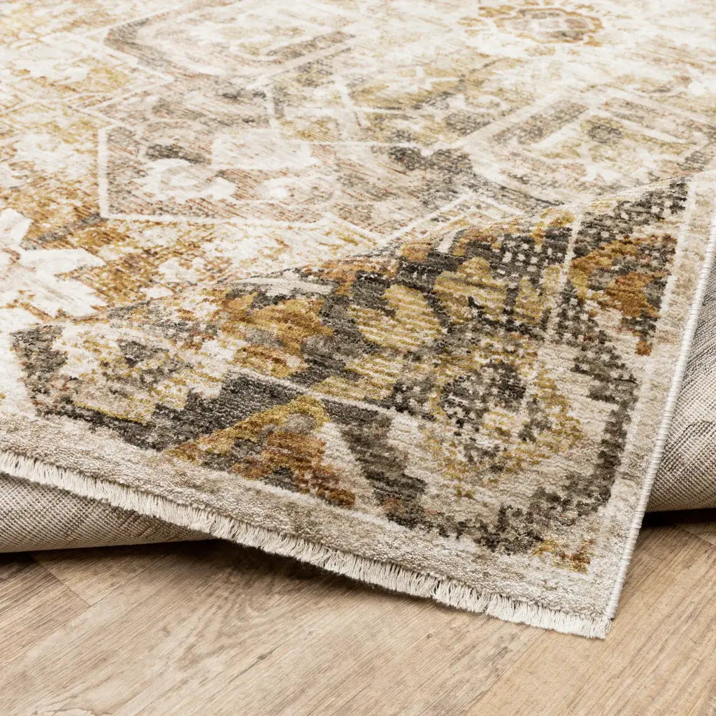 5' X 8' Gold And Ivory Oriental Power Loom Stain Resistant Area Rug With Fringe - Homeroots - Flyclothing LLC