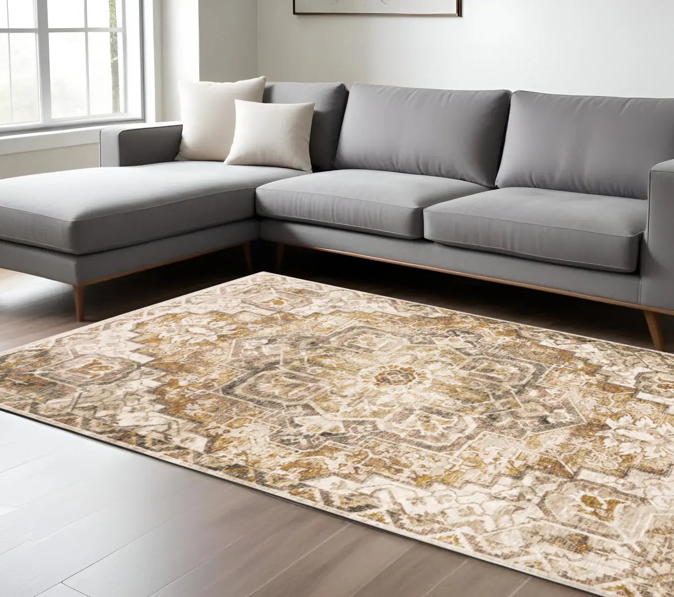 8' X 11' Gold And Ivory Oriental Power Loom Stain Resistant Area Rug With Fringe - Homeroots - Flyclothing LLC