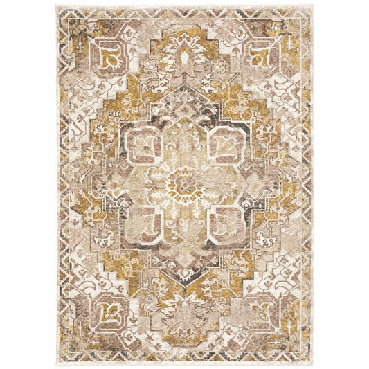 8' X 11' Gold And Ivory Oriental Power Loom Stain Resistant Area Rug With Fringe - Homeroots - Flyclothing LLC