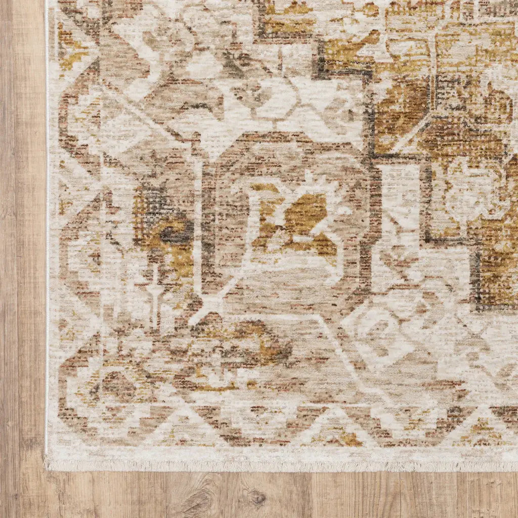 10' X 13' Gold And Ivory Oriental Power Loom Stain Resistant Area Rug With Fringe - Homeroots - Flyclothing LLC