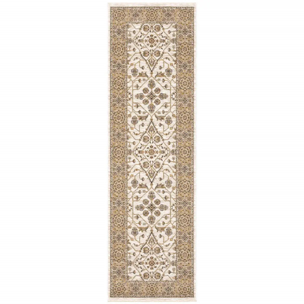 2' X 8' Ivory And Gold Oriental Power Loom Stain Resistant Runner Rug With Fringe - Homeroots - Flyclothing LLC