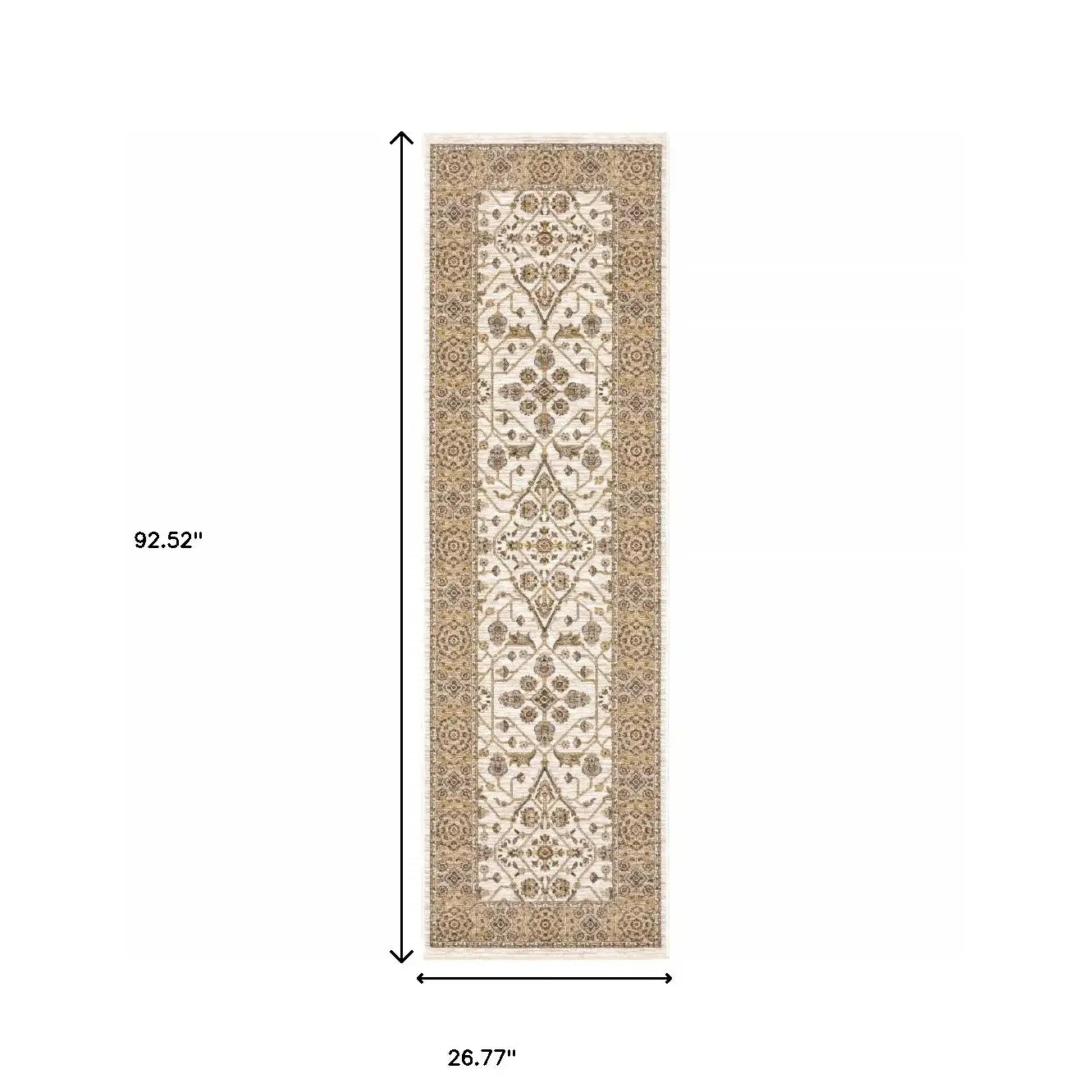 2' X 8' Ivory And Gold Oriental Power Loom Stain Resistant Runner Rug With Fringe - Homeroots - Flyclothing LLC