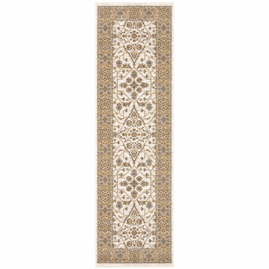 2' X 8' Ivory And Gold Oriental Power Loom Stain Resistant Runner Rug With Fringe - Homeroots - Flyclothing LLC