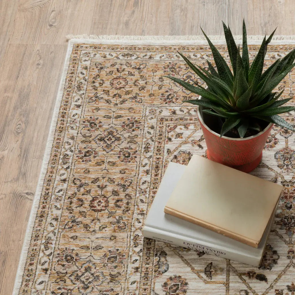 2' X 3' Ivory And Gold Oriental Power Loom Stain Resistant Area Rug With Fringe - Homeroots - Flyclothing LLC