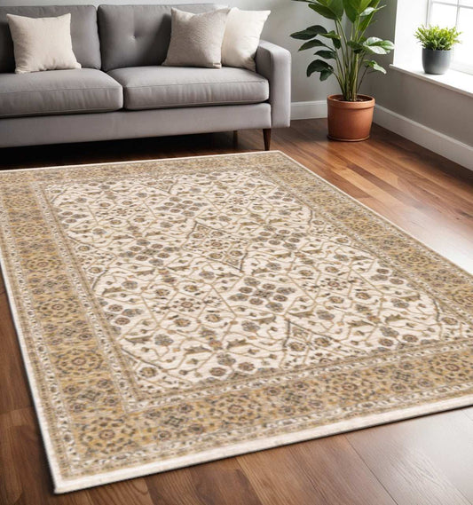 5' X 8' Ivory And Gold Oriental Power Loom Stain Resistant Area Rug With Fringe - Homeroots - Flyclothing LLC