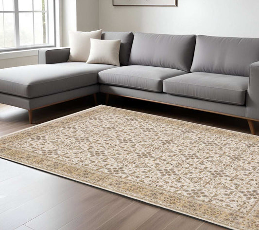 8' X 11' Ivory And Gold Oriental Power Loom Stain Resistant Area Rug With Fringe - Homeroots - Flyclothing LLC