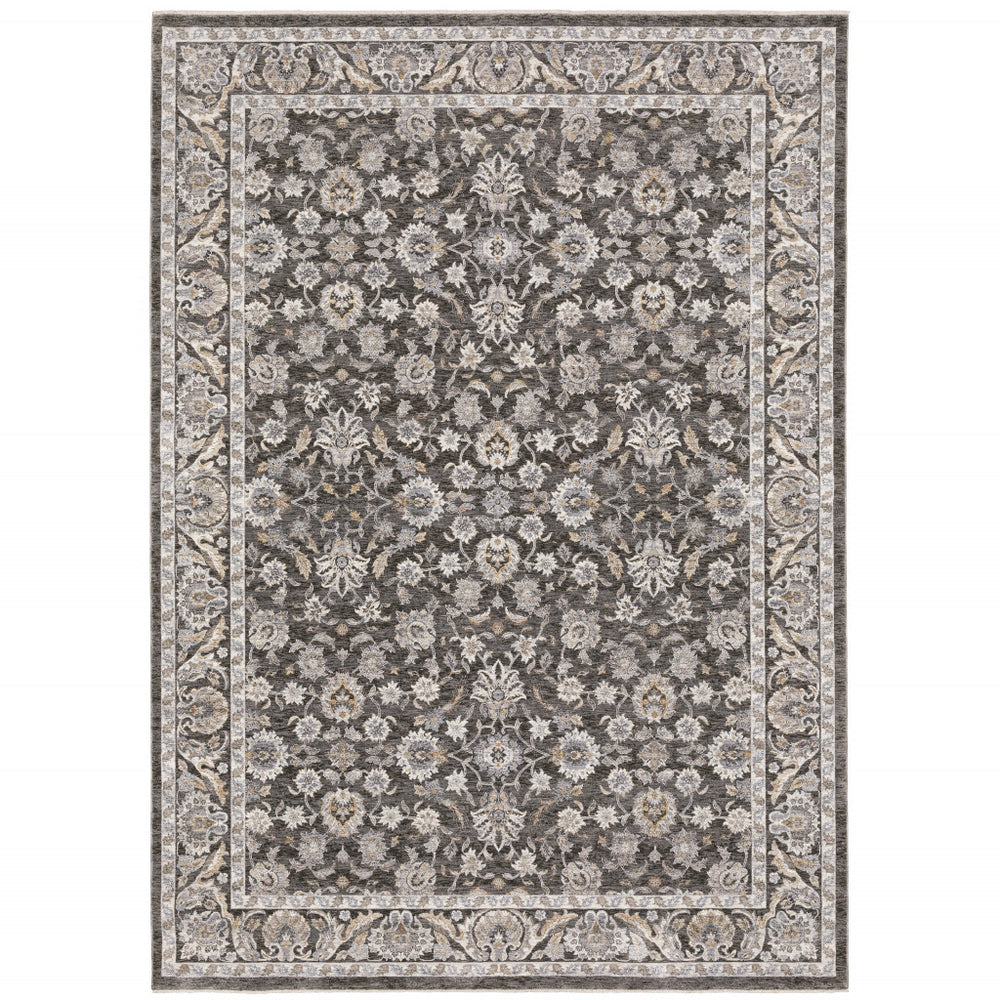 8' X 11' Grey And Ivory Oriental Power Loom Stain Resistant Area Rug With Fringe