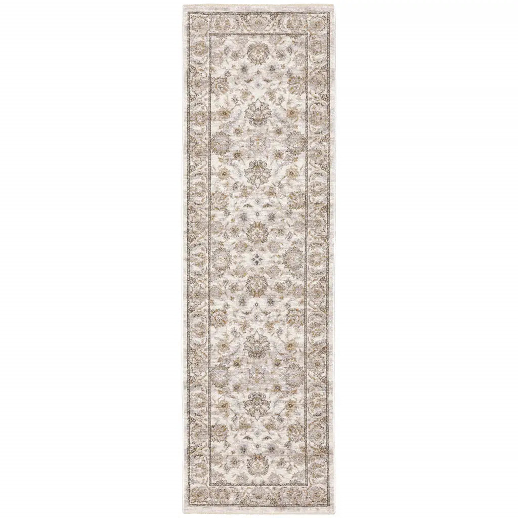 2' X 8' Ivory And Grey Oriental Power Loom Stain Resistant Runner Rug With Fringe - Homeroots - Flyclothing LLC