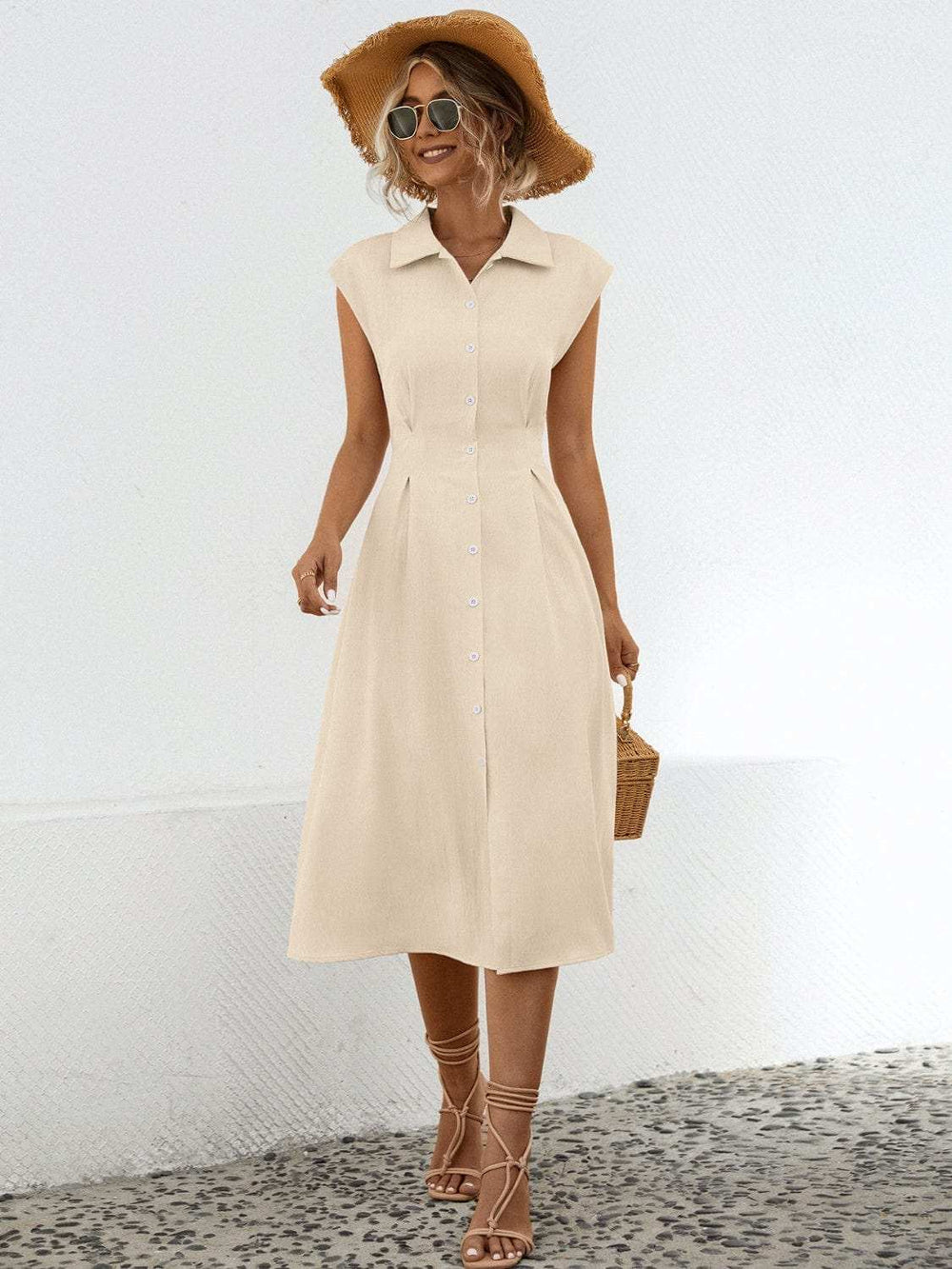 Button Up Cap Sleeve Midi Dress - Trendsi
