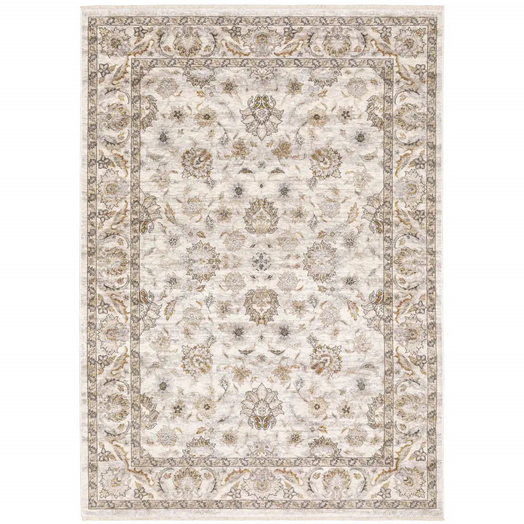 10' X 13' Ivory And Grey Oriental Power Loom Stain Resistant Area Rug With Fringe - Homeroots - Flyclothing LLC