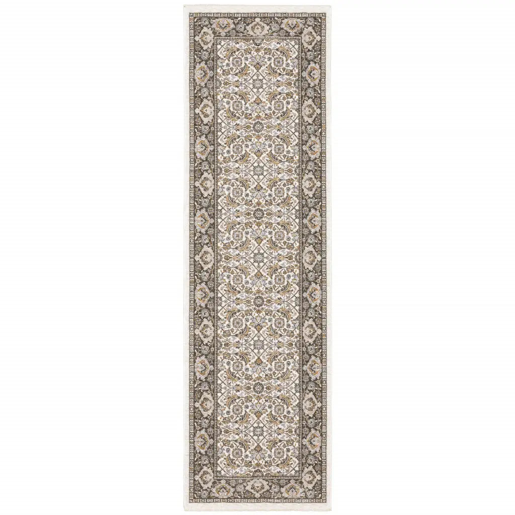2' X 8' Ivory And Grey Oriental Power Loom Stain Resistant Runner Rug With Fringe - Homeroots - Flyclothing LLC