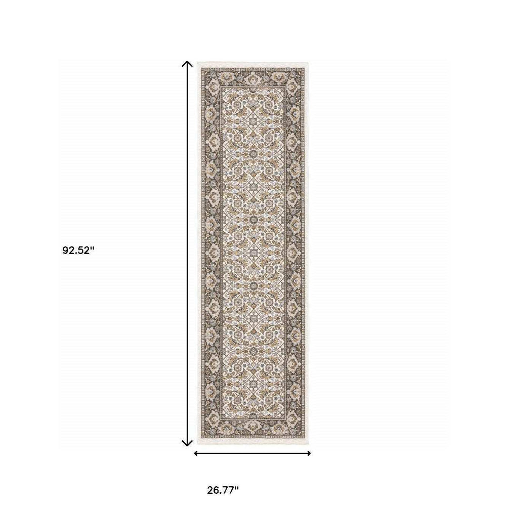 2' X 8' Ivory And Grey Oriental Power Loom Stain Resistant Runner Rug With Fringe - Homeroots - Flyclothing LLC