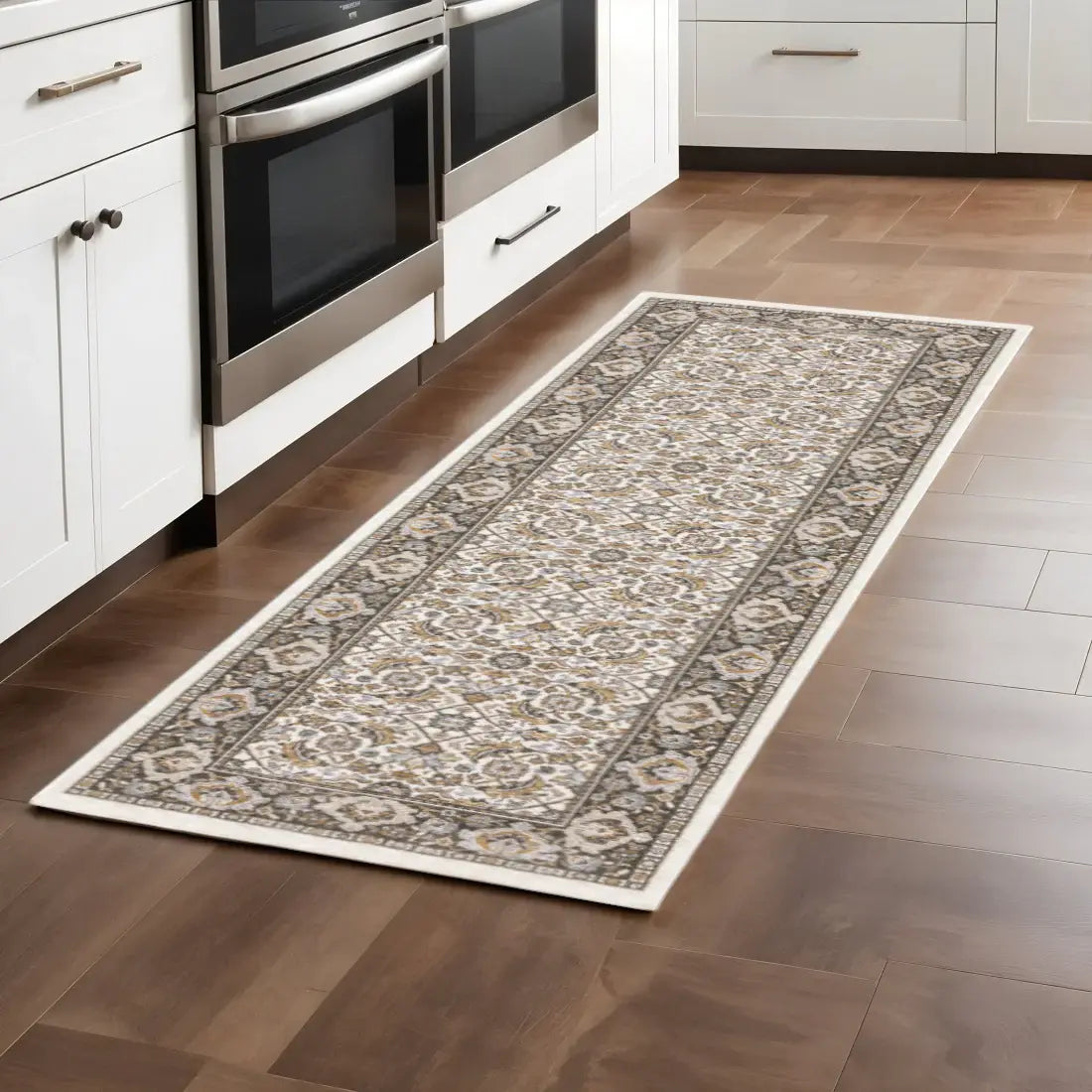 2' X 8' Ivory And Grey Oriental Power Loom Stain Resistant Runner Rug With Fringe - Homeroots - Flyclothing LLC