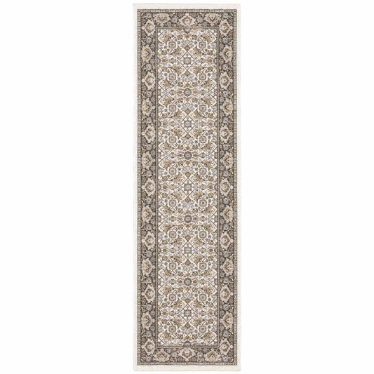 2' X 8' Ivory And Grey Oriental Power Loom Stain Resistant Runner Rug With Fringe - Homeroots - Flyclothing LLC
