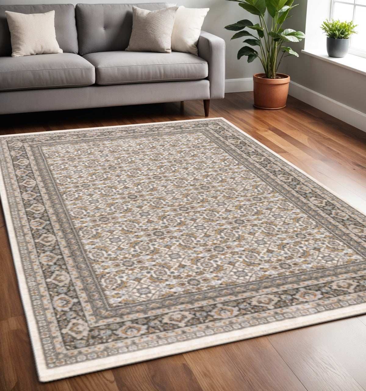 5' X 8' Ivory And Grey Oriental Power Loom Stain Resistant Area Rug With Fringe - Homeroots - Flyclothing LLC
