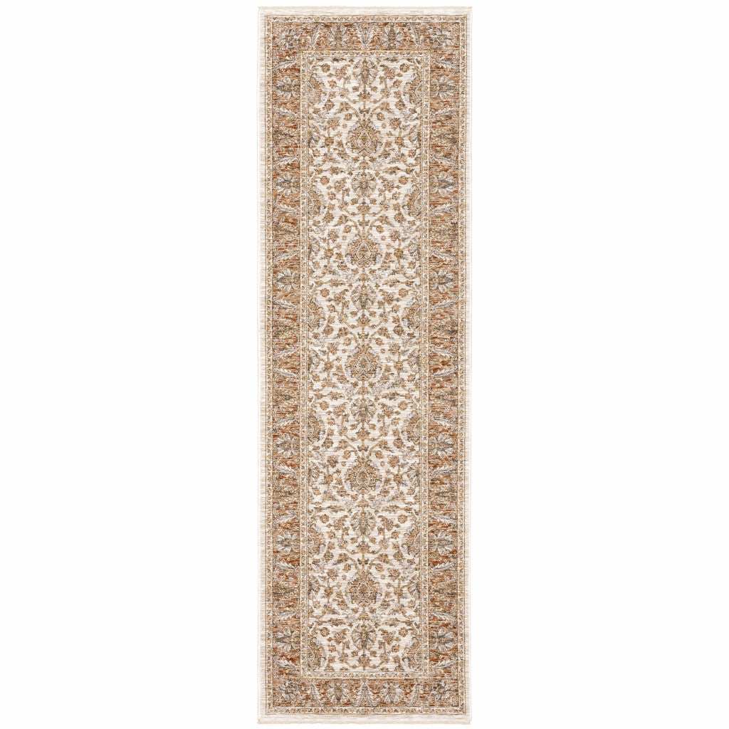2' X 8' Rust And Ivory Oriental Power Loom Stain Resistant Runner Rug With Fringe - Homeroots - Flyclothing LLC
