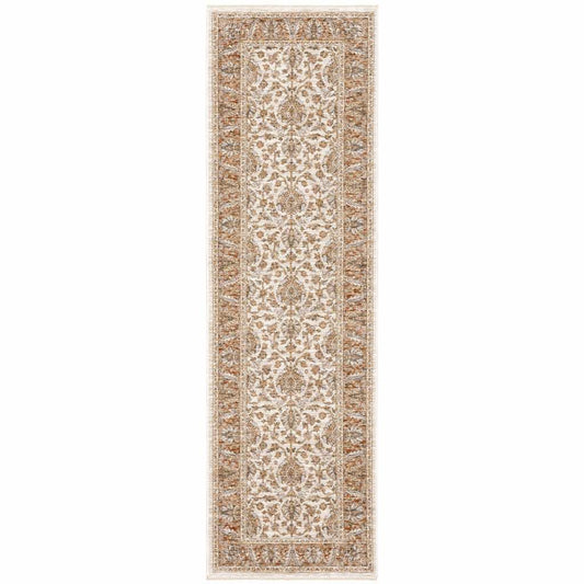 2' X 8' Rust And Ivory Oriental Power Loom Stain Resistant Runner Rug With Fringe - Homeroots - Flyclothing LLC