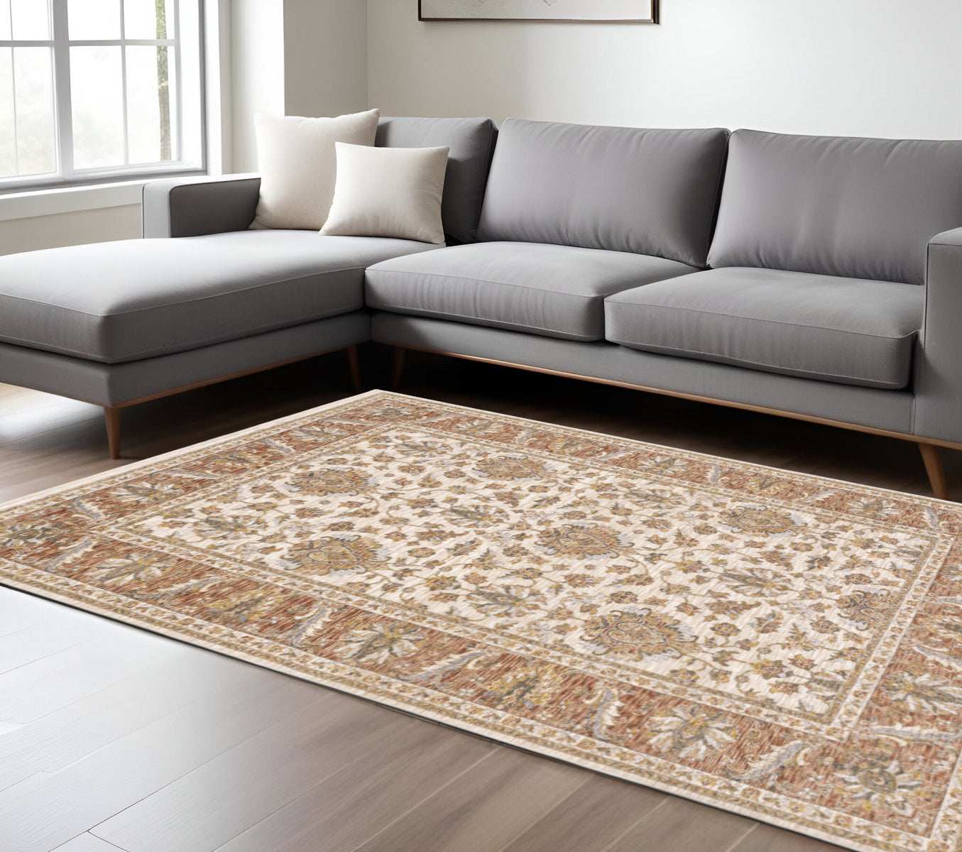 6' X 9' Rust And Ivory Oriental Power Loom Stain Resistant Area Rug With Fringe - Homeroots - Flyclothing LLC
