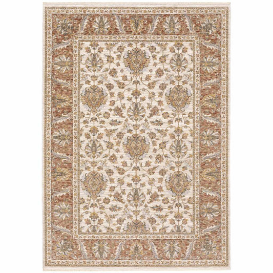 6' X 9' Rust And Ivory Oriental Power Loom Stain Resistant Area Rug With Fringe - Homeroots - Flyclothing LLC