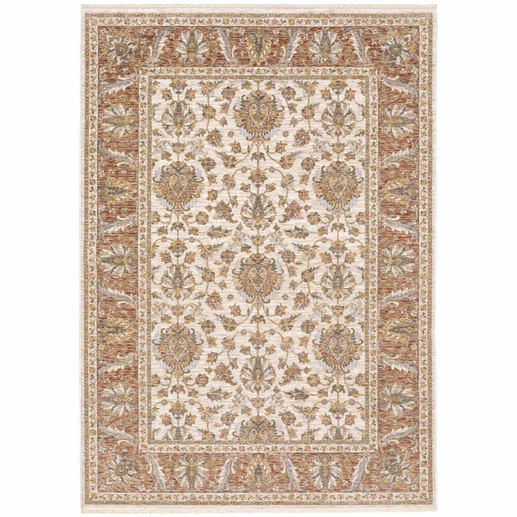 8' X 11' Rust And Ivory Oriental Power Loom Stain Resistant Area Rug With Fringe - Homeroots - Flyclothing LLC