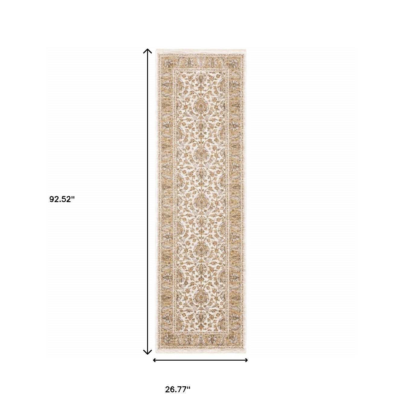 2' X 8' Ivory And Gold Oriental Power Loom Stain Resistant Runner Rug With Fringe - Homeroots - Flyclothing LLC
