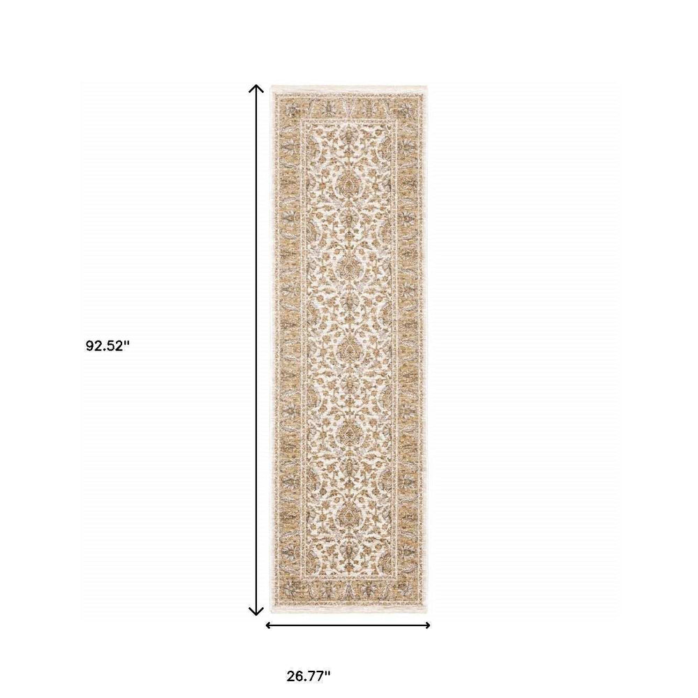 2' X 8' Ivory And Gold Oriental Power Loom Stain Resistant Runner Rug With Fringe - Homeroots - Flyclothing LLC