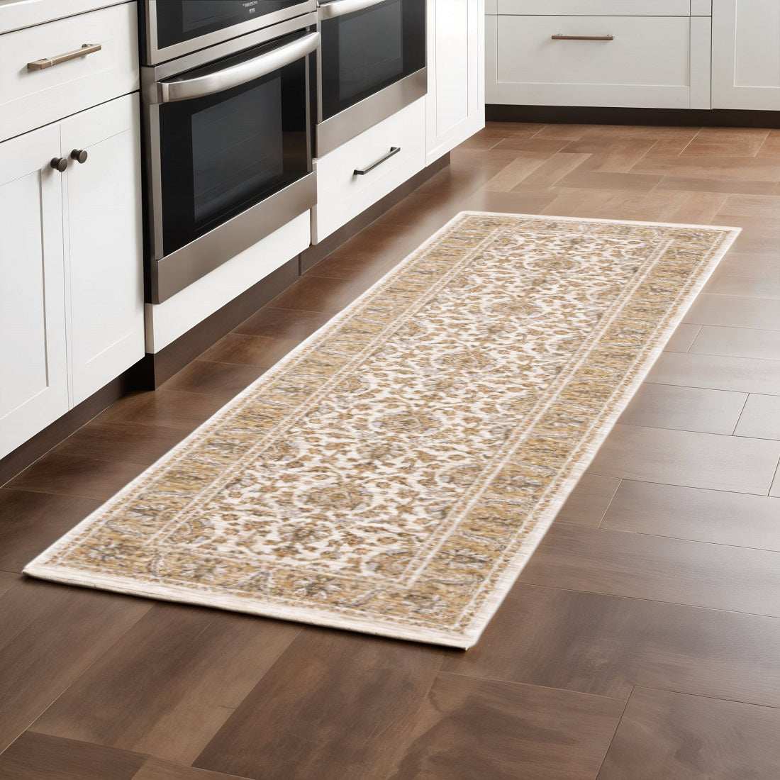 2' X 8' Ivory And Gold Oriental Power Loom Stain Resistant Runner Rug With Fringe - Homeroots - Flyclothing LLC