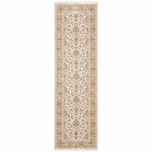 2' X 8' Ivory And Gold Oriental Power Loom Stain Resistant Runner Rug With Fringe - Homeroots - Flyclothing LLC