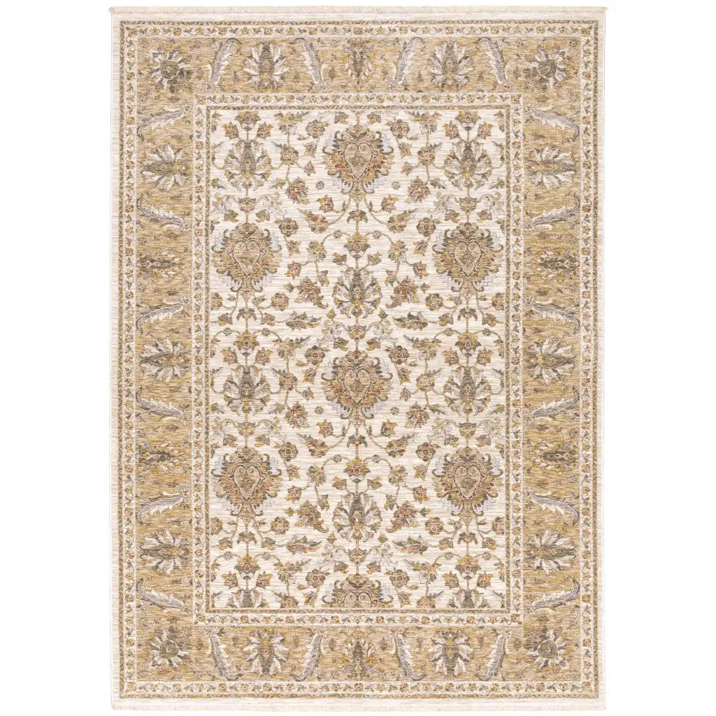5' X 8' Ivory And Gold Oriental Power Loom Stain Resistant Area Rug With Fringe - Homeroots - Flyclothing LLC