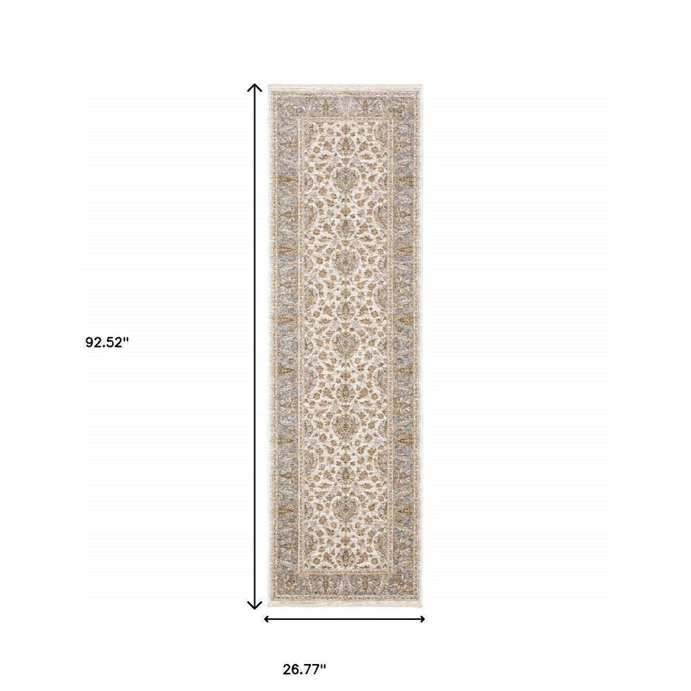 2' X 8' Ivory And Blue Oriental Power Loom Stain Resistant Runner Rug With Fringe - Homeroots - Flyclothing LLC