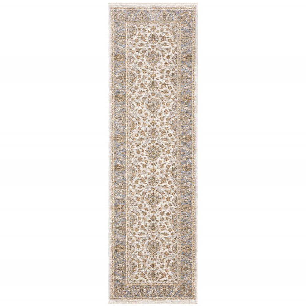 2' X 8' Ivory And Blue Oriental Power Loom Stain Resistant Runner Rug With Fringe - Homeroots