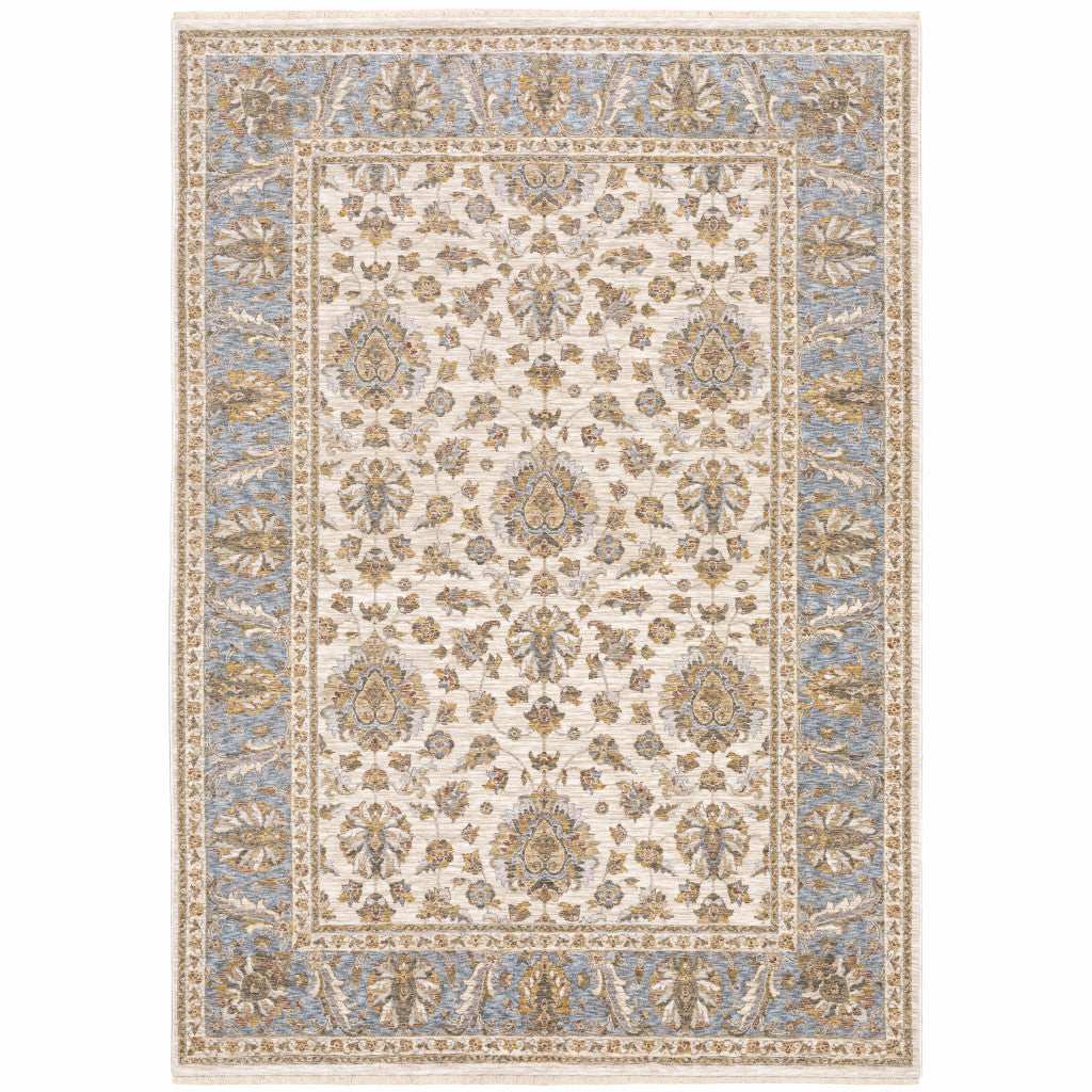 3' X 5' Ivory And Blue Oriental Power Loom Stain Resistant Area Rug With Fringe - Homeroots - Flyclothing LLC