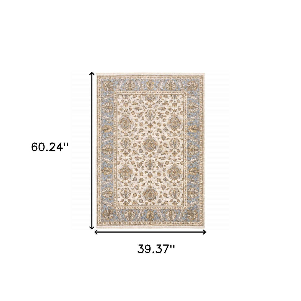 3' X 5' Ivory And Blue Oriental Power Loom Stain Resistant Area Rug With Fringe - Homeroots - Flyclothing LLC